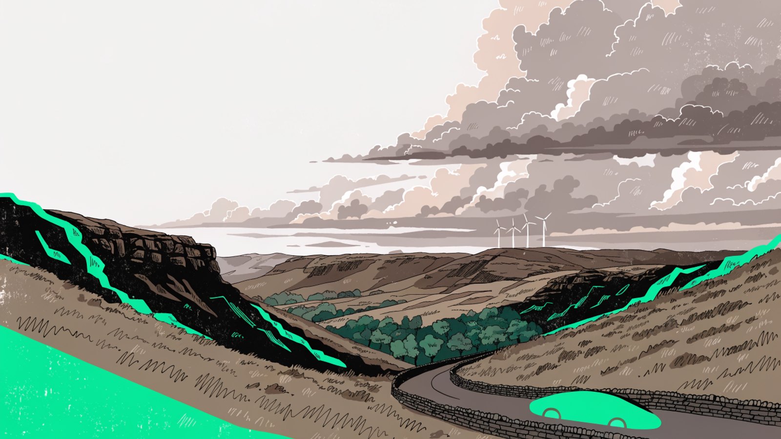 THRIVE illustration: an electric car on a winding upland road under a wide, weather-filled sky